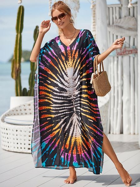 Frauen Badebekleidung Fithohinling Halo färben Sommer Maxi Kleider 2023 Bohemian Vintage Print Beach Outfits für Frauen Vertuschungen Pareo Outing