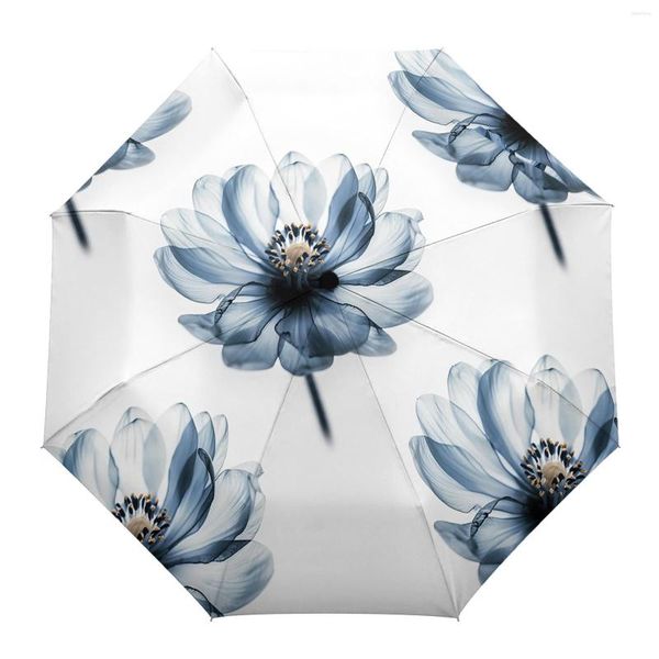 Guarda-chuva de flores azuis Guarda-chuva automático dobrável para viagem guarda-sol portátil à prova de vento