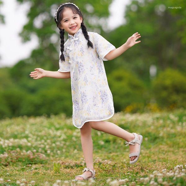 Abbigliamento etnico arrivato 2023 Ragazze in stile cinese Cheongsam Dress Sweet Hanfu Stampato a maniche corte Bambini