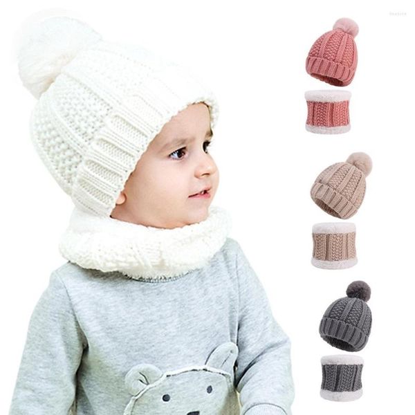 Cappelli 2 pezzi Sciarpa per bambini Berretti invernali per bambini Pompon Ragazze Berretto per orlo Ragazzo Scaldacollo Sciarpe di lana nate spesse 0-3 anni