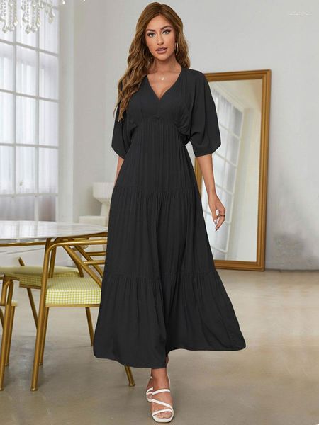 Abiti casual 2023 Maxi abito estivo in viscosa da donna elegante lungo da donna a vita alta una linea abito increspato sciolto per