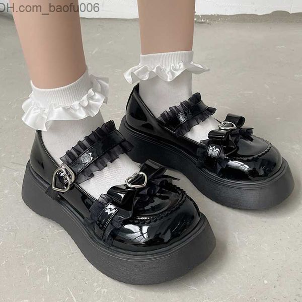 Scarpe eleganti Scarpe eleganti Lucyever Sweet Lace Bowknot Scarpe Lolita Donna Fibbia a cuore Pelle verniciata Mary Janes Donna Punta tonda Piattaforma Scarpe basse Z230704