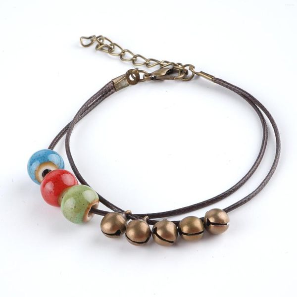 Link Bracciali 1 pz Bracciale da donna in ceramica con campanella piccola ragazza rosso blu colori campane cavigliera in corda fatta a mano