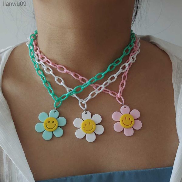 ZX Neue Große Sonnenblume Gesicht Anhänger Halskette für Frauen Handgemachte Acryl Kette Halsketten Mädchen Mode Schmuck Großhandel L230704