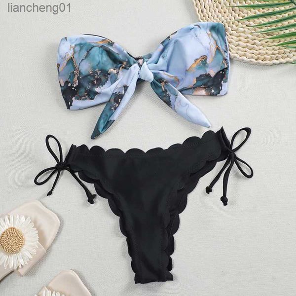 Biquíni sexy recortado com estampa de mármore feminino bandeau maiô feminino conjunto de biquíni de duas peças com nó banhista maiô maiô L230619