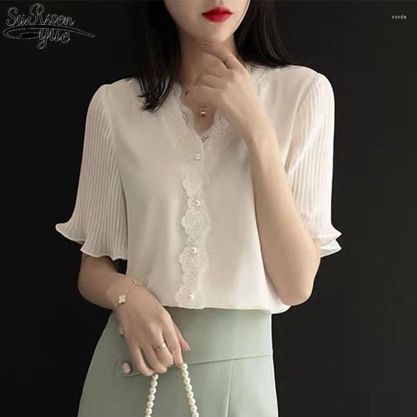 Blusas femininas blusa de manga curta Chiffon Chiffon Soft Lace Camisa V Gola de colarinho Branco de manga de babados e 14270
