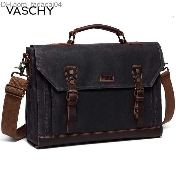 Aktentaschen Aktentaschen VASCHY Canvas Messenger Bag für Herren Vintage Leder gewachste Aktentasche 17,3 Zoll Laptop Büro s Z230704