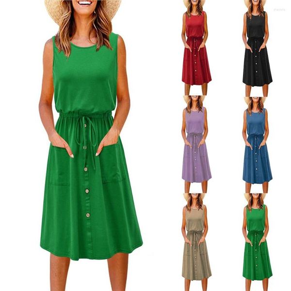 Casual Kleider Slim O Neck Kleid Tank Taille Knopf Tasche 2023 Sommer Elegante Spitze Einfarbig Knie Länge Enge Frauen verkauf