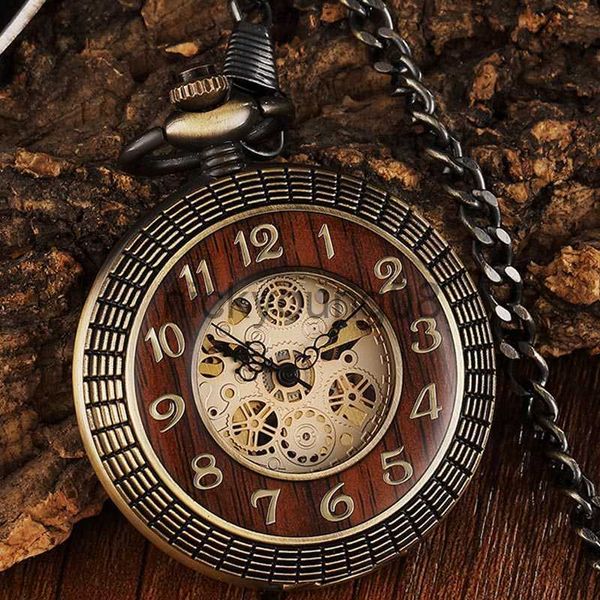 Relógios de pulso Único Madeira Circel Gear Dial Bronze Antigo Bolso Mecânico Homens Vintage Gravado Fob Mão Vento Steampunk Mulheres 0703