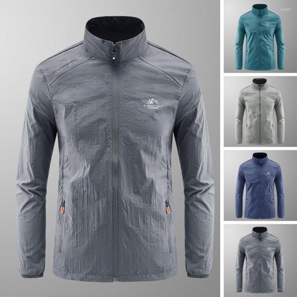 Jaquetas masculinas roupas de proteção solar secagem rápida verão jaqueta esportiva bolsos com zíper mangas compridas casaco anti-uv respirável gelo seda masculino