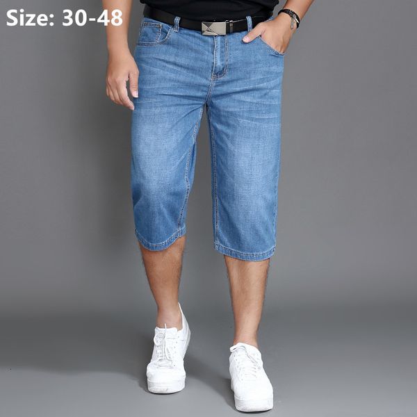 Homens Shorts Verão Jeans Mens Denim Elástico Esticado Fino Oversized Plus Size Luz Azul 42 44 48 Masculino Bezerro Comprimento Meia Calças 230703