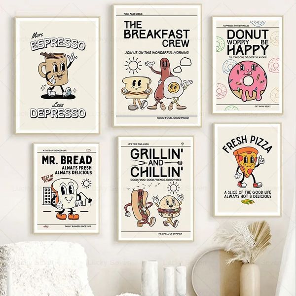 Lustig gestaltete Leinwand Malerei Retro Küchendruck Wurst Eggoast Espresso Brot Küche Kaffee Poster Wandkunst Post und Bild Diner Zimmer Café Unerfamed