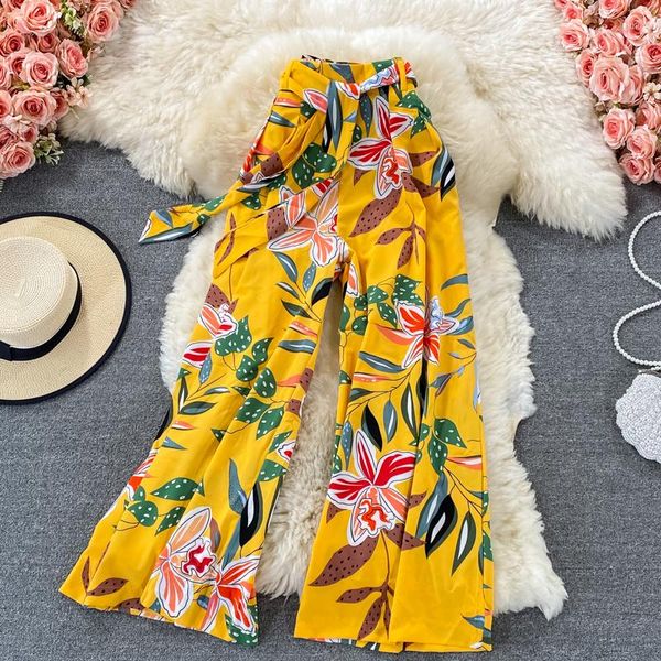 Damenhose Boho Strand Breites Bein Frauen Retro Hohe Taille Gedruckte Schleife Schnürung Weibliche Damen Casual Sommer Carpris Drop