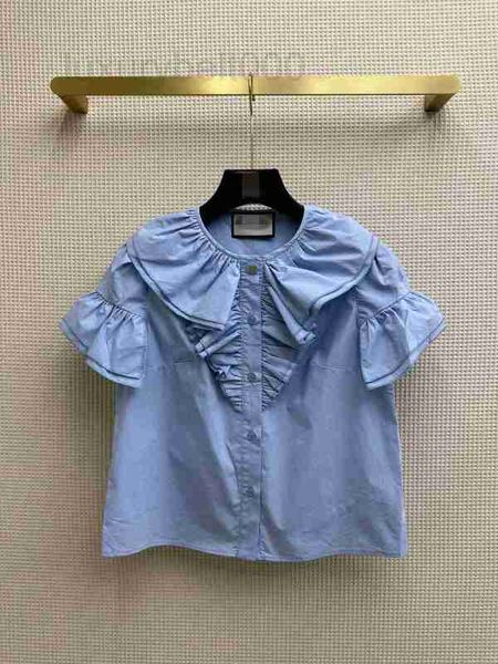 Blusas femininas camisas de grife elegantes redutoras de idade mangas bolha gola redonda babados algodão camisa de seda fina e bonita estilo academia azul 1YPN