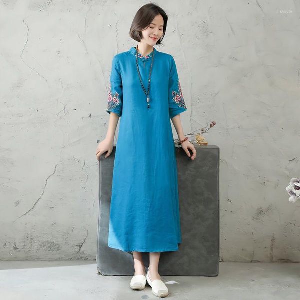 Ethnische Kleidung 2023 Chinesischer Stil Dame Rundkragen Verbessertes Cheongsam Ao Dai Kleid Frauen Gestickt Lässig Täglich Baumwolle Leinen Qipao