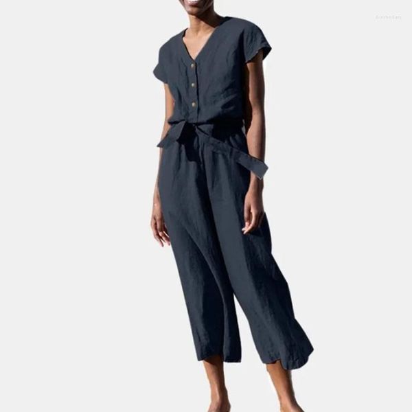 Pantaloni a due pezzi da donna Donna Fibbia per unghie Pizzo-up Manica corta Pagliaccetto Estate Cotone Lino Vita alta Tuta Lady Tinta unita Scollo a V