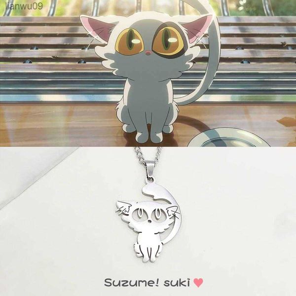 Мода Daijin Cat Подвесное ожерелье для женщин мужские аниме Suzume no tojimari Titanium Steel Jewelry Новые косплейные аксессуары L230704