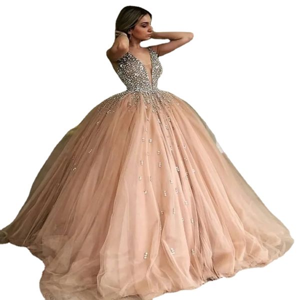 Champagne Tule Vestido de Baile Quinceanera Vestido Elegante Pesado Frisado Cristal Profundo Decote em V Sweet 16 Vestidos Vestidos de Baile de Noite