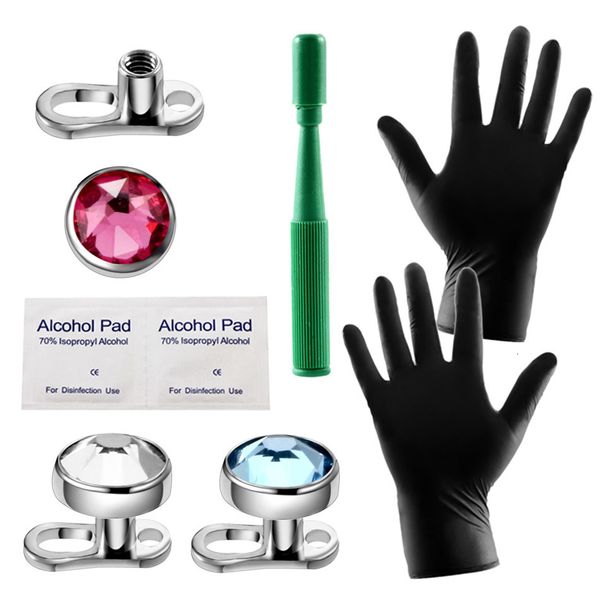 Anéis de botão de sino de umbigo 8 Pçs/lote G23 CZ Cristal Âncora dérmica Top Base de aço Couro Broca de ferramentas Kit Superfície Piercing na pele Jóias corporais 14G 230703