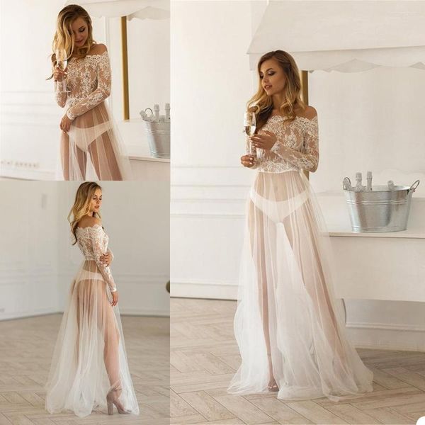 Ropa de dormir para mujer, vestidos elegantes hechos a medida, encaje con hombros descubiertos, vestido con apliques, boda, manga larga, fiesta de graduación, camisones de novia Poshoot