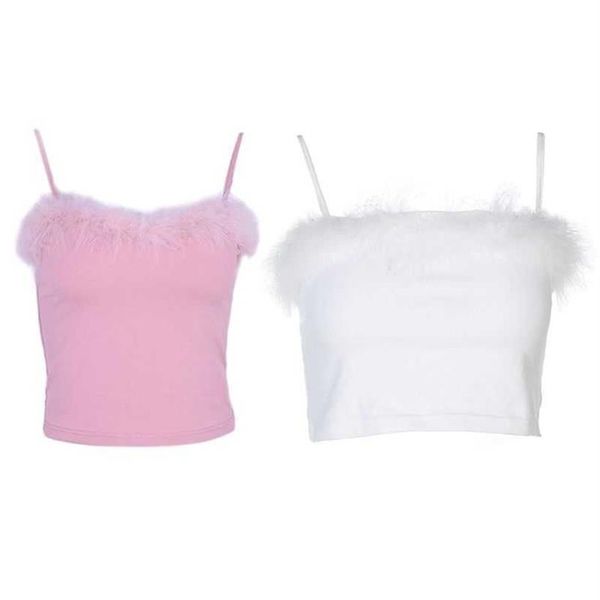 Womens Sexy Spaghetti Strap Feather Fluffy Plush Trim Crop Top Bandeau Canotta Rosa Bianco 2103122313