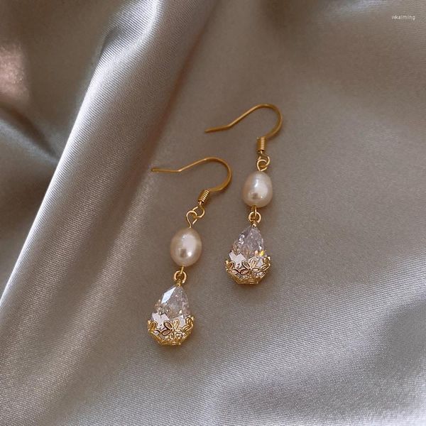 Orecchini pendenti Arrivo Goccia d'acqua alla moda Brillante zircone CZ Perla d'acqua dolce Regali di compleanno per gioielli femminili riempiti in oro 14 carati