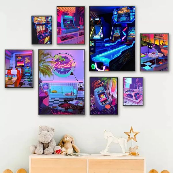 Neon Synthwave Arcade Zone Dream Poster Canvas Painting Game Playroom Wall Art Picture For Cafe Club Room Decorazione domestica w06