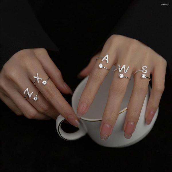 Cluster Rings Cute Real 925 Sterling Silver Letters For Women Fine Jewelry Crystal Initial Name Alphabet Ring Accessories Gifts