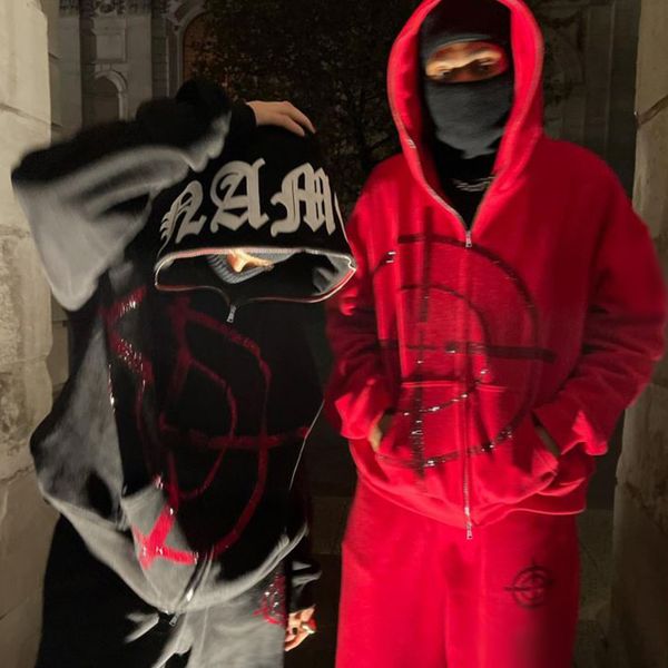 Мужские толстовки толстовок зимнее американское Y2K High Street Red Black Hoodie Graded Diamond Zip Up Cardigan Men Goth Пара негабаритная повседневная толстовка 230703