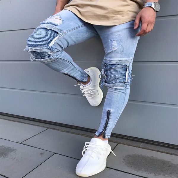 Jeans masculino masculino rasgado motociclista branco azul joelho plissado tornozelo zíper marca ajuste fino corte destruído calça jeans skinny para Ho290F