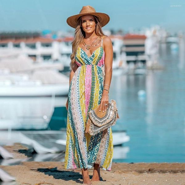 Lässige Kleider Strandkleid Sexy rückenfrei tiefer V-Ausschnitt Frauen Sommer Spaghettiträger großer Saum Böhmen-Stil lang