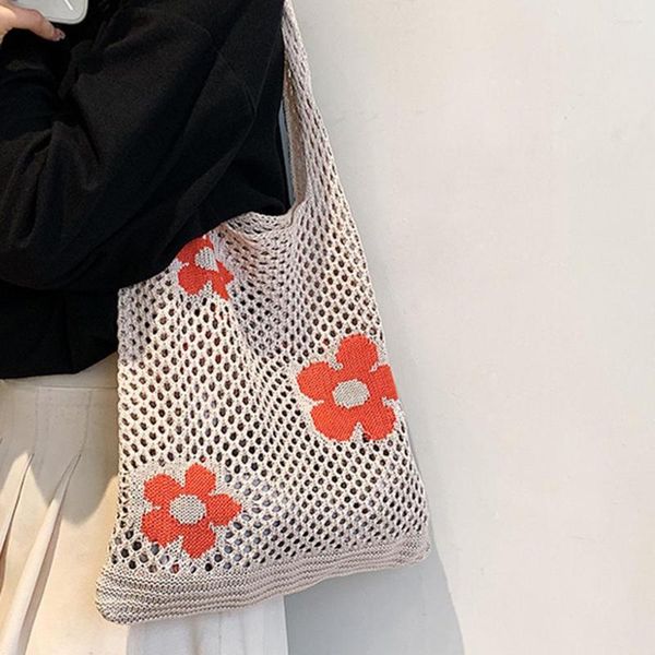 Abendtaschen Weiche Strickhandtasche Blumengeflecht Umhängetasche Ausgehöhlte Tragetasche Sommer Mesh Strand Einkaufen Farbe Große Kapazität Clutch