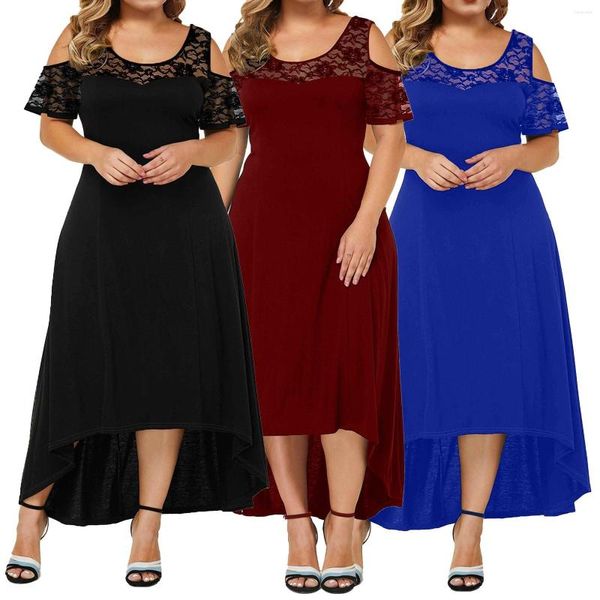 Abiti casual Large Size 5XL Long Women Summer Short Sleeve Solid Party Abito irregolare Elegante pizzo con spalle scoperte Maxi