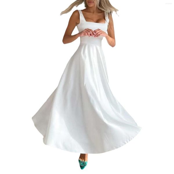 Vestidos casuais femininos verão sem mangas vestido evasê branco cor sólida cintura alta decote quadrado festa praia coquetel roupa clubwear