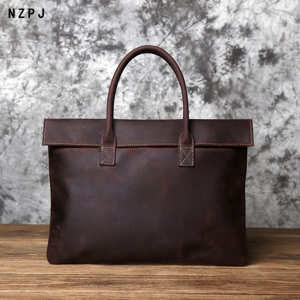 Aktentaschen NZPJ Retro Herren Aktentasche Leder Casual HandtascheTop Layer Rindsleder Business Tablet Tasche Dünne Clutch für 16-Zoll Laptop 230703