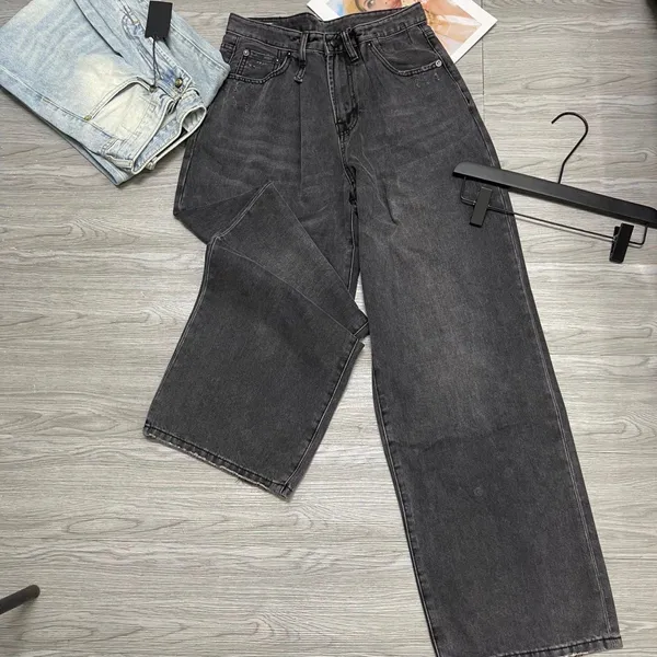 Calça jeans larga larga plissada azul preta