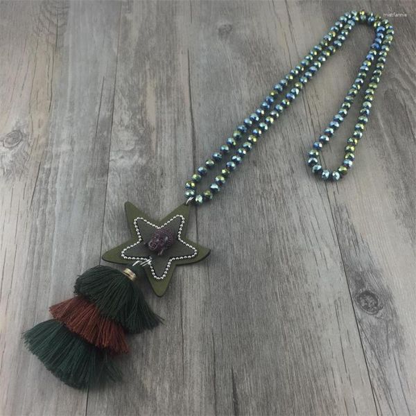 Collane con ciondolo moda perline di cristallo in pelle annodata stella Buddha multi lunga nappa collana goccia