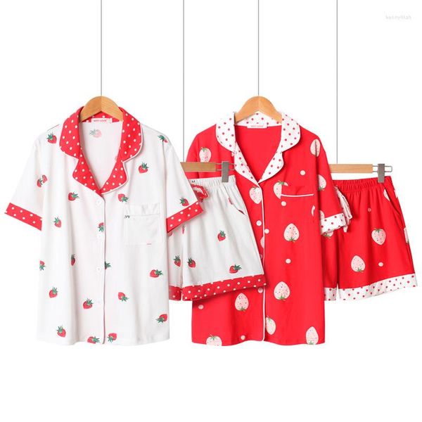 Damen Nachtwäsche Sommer Baumwolle Kurzarm Mädchen Pyjama Set Loungewear Frauen Schöne Erdbeere Cartoon Koreanische Pijama Mujer Shorts Pyjamas