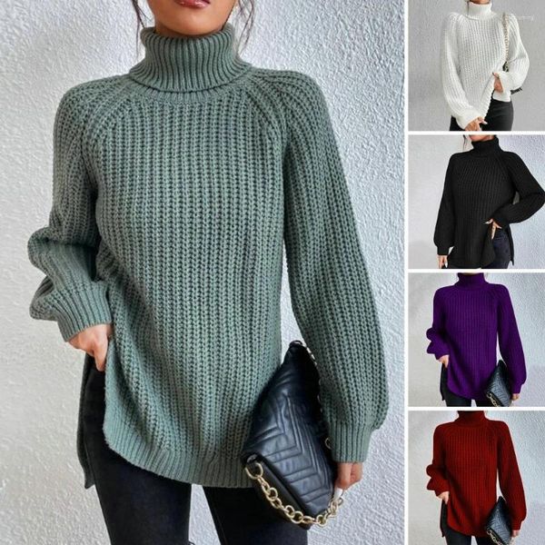 Maglioni da donna Dolcevita Raglan Maniche lunghe Orlo con spacco laterale Maglione donna Inverno Tinta unita Pullover maglione lavorato a maglia caldo allentato