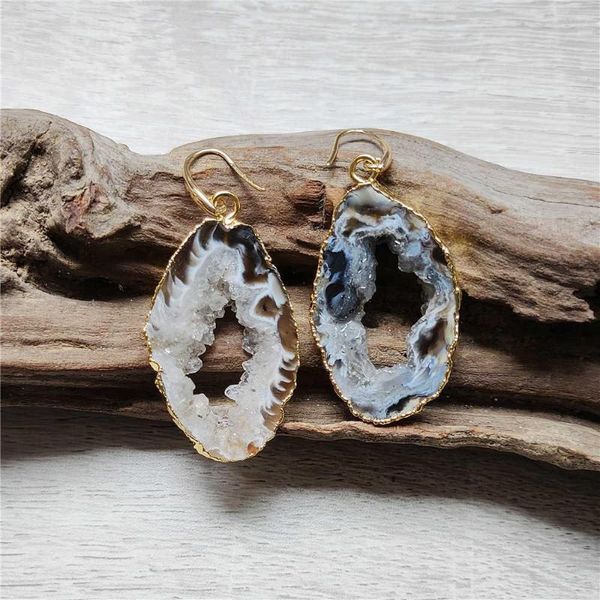 Orecchini pendenti FUWO Goccia di fetta di geode unica per gioielli di dichiarazione fatti a mano irregolari agate naturali quarzo stile Boho-Chic ER253