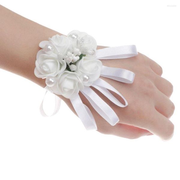 Flores decorativas branco dama de honra irmã pérola noiva pulseira mão flor artificial pulso