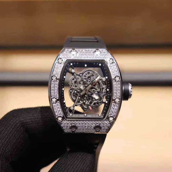 Richard's Mille Wrist Cool Rakish Watches Mechanical Rm055 Mens Business Leisure Full Diamond Case Black Tape Swiss Movem Hochwertiges Original