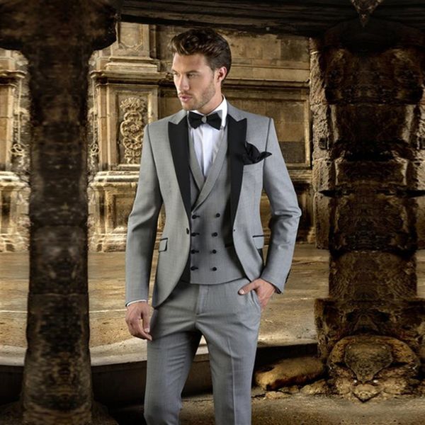 2019 Grigio Con risvolto nero Abito da uomo Slim Fit Prom Wedding Tuxedo Jacket Pantaloni Gilet Blazer moderno Abiti da sposo da sposa Regular2377