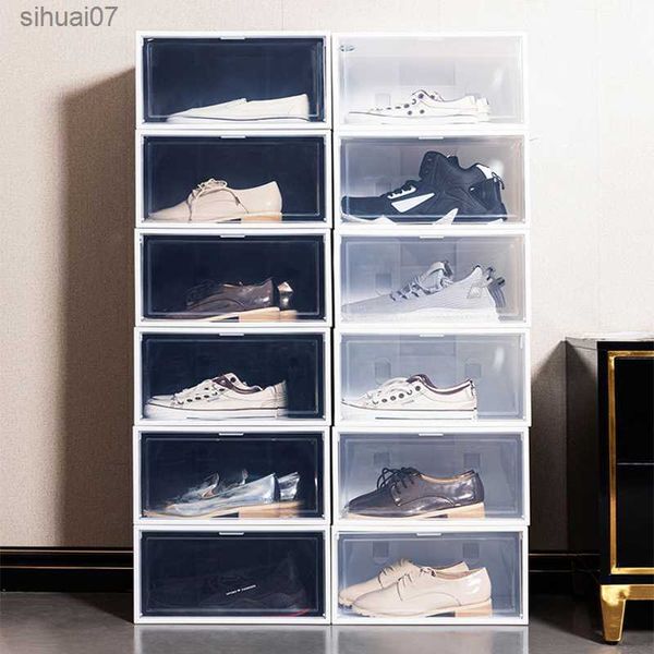 1pc Kunststoff Schuhe Fall Schuh Schrank Faltbare Lagerung Kunststoff Staubdicht Transparente Tür Hause Schrank Schuh Organizer Stapelbare Box L230705