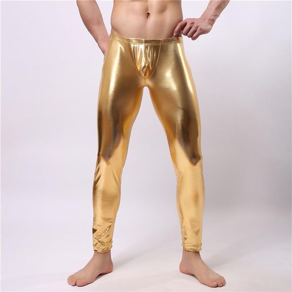 Sexy Men Long Johns Intimo Faux Leather Mens Slim Mutandine attillate Sottile Pouch Elastic Mens Erotic Gay Underwear Legging Long Johns308K