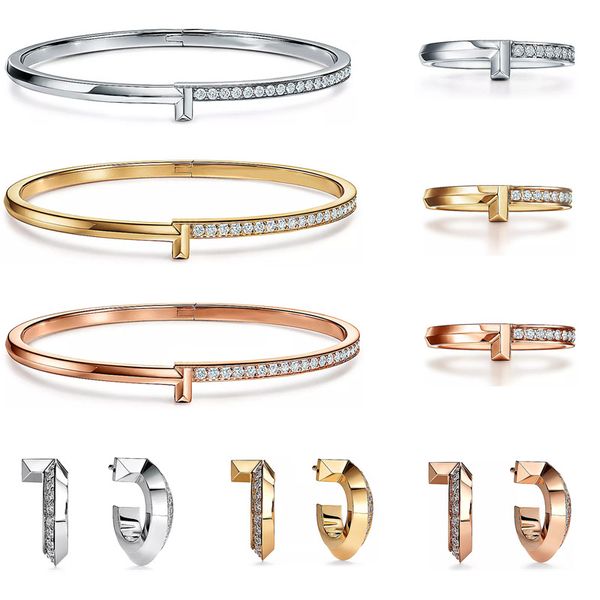 Bracciale rigido per gioielli di design di lusso per donna T1 Narrow Diamond Hinged Bangle Trend moda anello orecchino regalo boutique di alta qualità con scatola