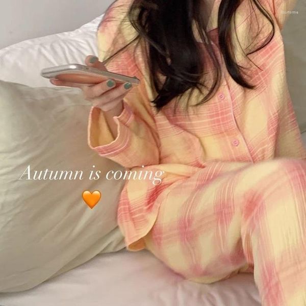 Kadın pijama qweek pamuk iplik ev kıyafetleri ekose kawaii pijamas feminino pijama femme sonbahar pantolon pijamalar