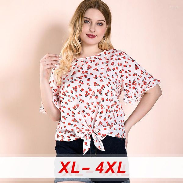 Blusas Femininas Verão Idílico Estampado Flor Manga Curta Flare Feminino Laço Solto Casual Plus Size Estampado Floral Feminino Camisa Roupas