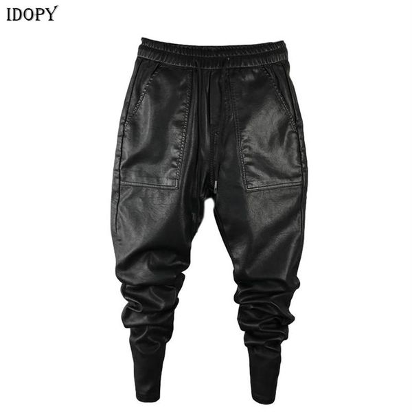 Idopy Uomo Inverno Caldo Ecopelle Harem Pantaloni Elastico In Vita Coulisse PU Pantaloni Da Jogging Per Uomo F1210246A