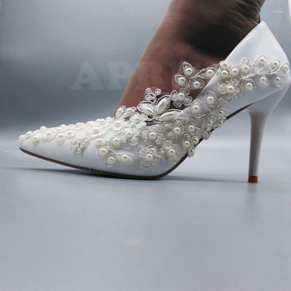 Scarpe eleganti da sposa in pizzo bianco argento sposa sexy tacchi alti sottili punta a punta cinturini con fibbia alla caviglia perle avorio scarpe da sposa scarpe